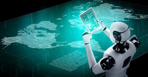 Robot humanoid using tablet computer for global network connection Stock Illustration