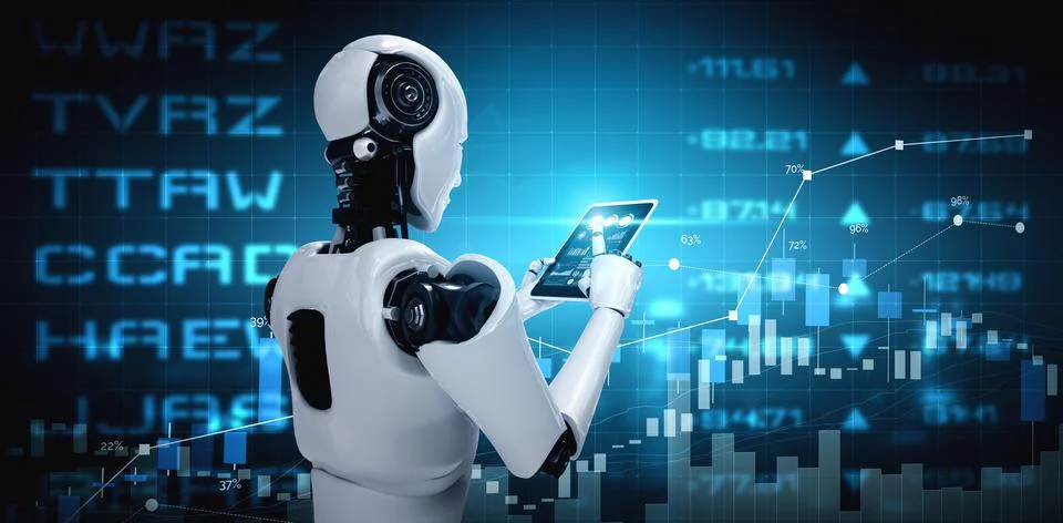 Robot humanoid using tablet computer in concept of stock market trading Illustrazione stock