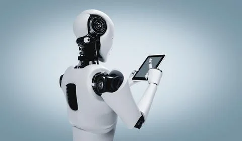 Robot humanoid using tablet computer in future office Illustrazione stock