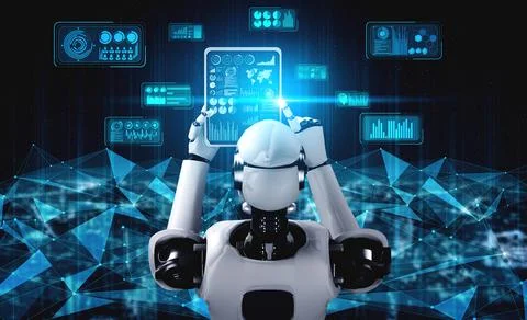 Robot humanoid using tablet computer for global network connection Stock Illustration