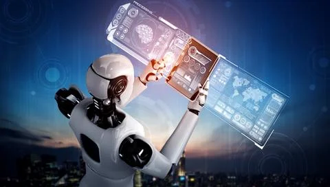 Robot humanoid using tablet computer for big data analytic Illustrazione stock