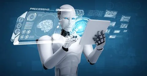 Robot humanoid using tablet computer in concept of AI thinking brain 스톡 일러스트