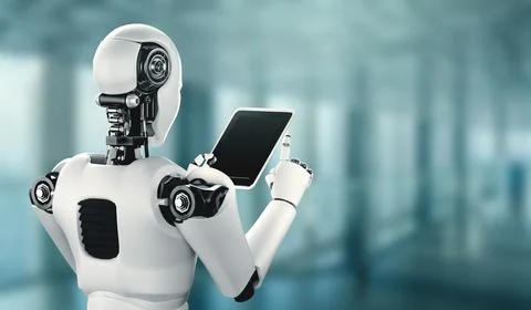 Robot humanoid using tablet computer in future office 스톡 일러스트