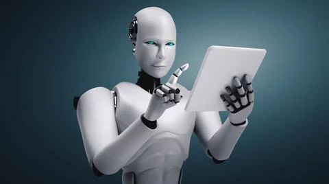 Robot humanoid using tablet computer in future office 스톡 일러스트