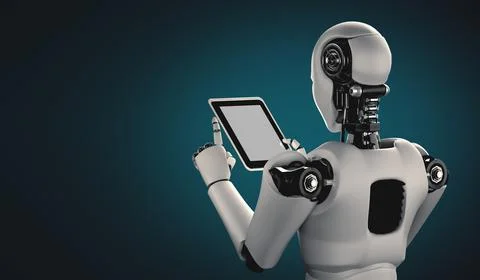 Robot humanoid using tablet computer in future office Stock Illustration