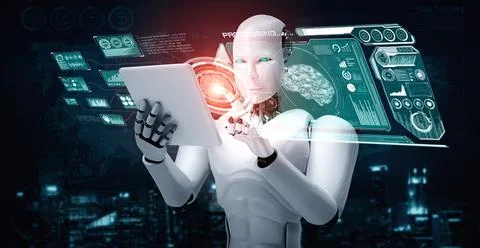 Robot humanoid using tablet computer in concept of AI thinking brain Illustrazione stock