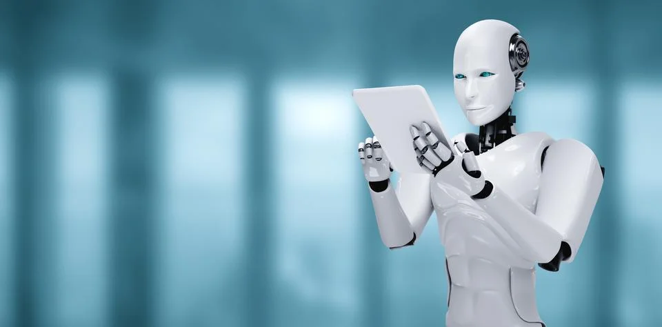Robot humanoid using tablet computer in future office Stock Illustration