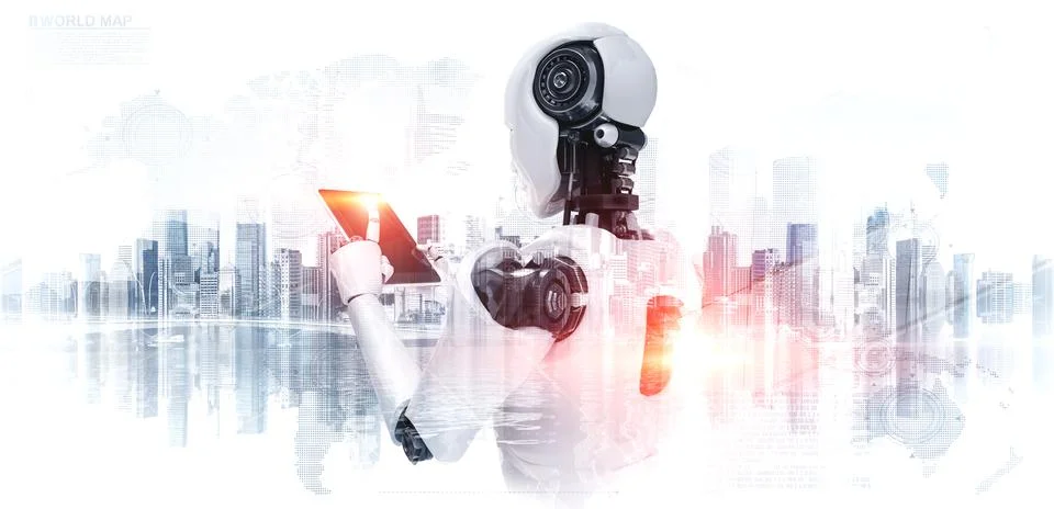 Robot humanoid using tablet computer in future office Stock Illustration