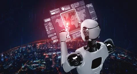 Robot humanoid using tablet computer for global network connection Stock Illustration