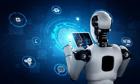 Robot humanoid using tablet computer in concept of AI thinking brain 库存插图