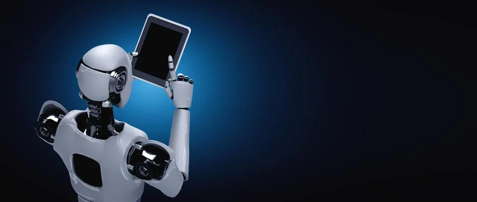 Robot humanoid using tablet computer in future office 스톡 일러스트