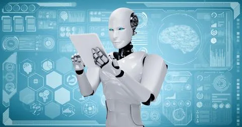 Robot humanoid using tablet computer for big data analytic Illustrazione stock