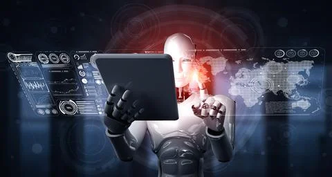 Robot humanoid using tablet computer for big data analytic Stock Illustration