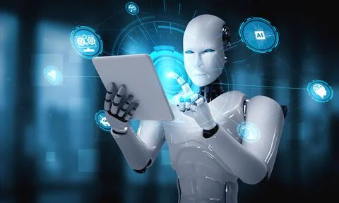 Robot humanoid using tablet computer in concept of AI thinking brain Stock Illustration