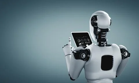 Robot humanoid using tablet computer in future office Stock Illustration