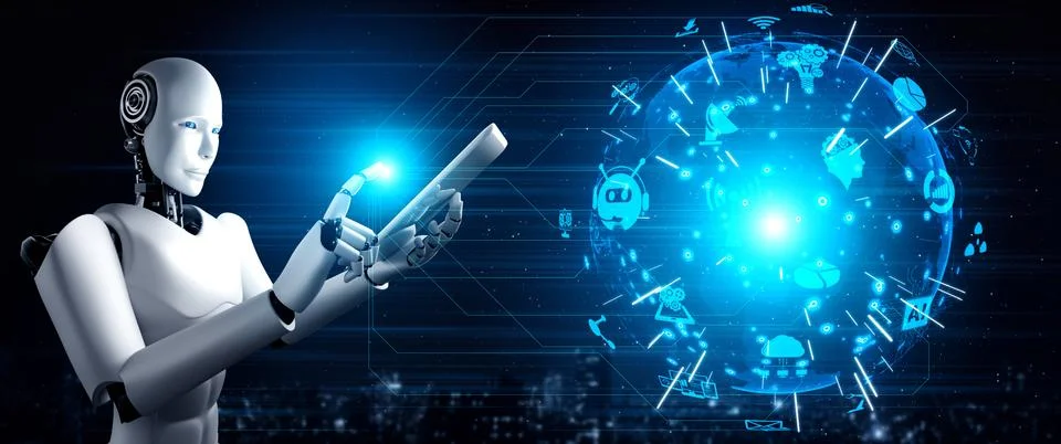 Robot humanoid using tablet computer for global network connection イラスト素材