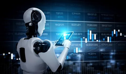 Robot humanoid using tablet computer in concept of stock market trading Illustrazione stock