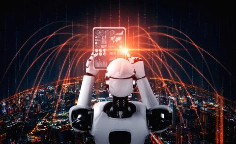 Robot humanoid using tablet computer for global network connection Stock Illustration