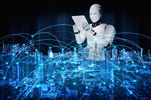Robot humanoid using tablet computer for global network connection Stock Illustration