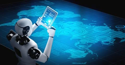 Robot humanoid using tablet computer for big data analytic Stock Illustration