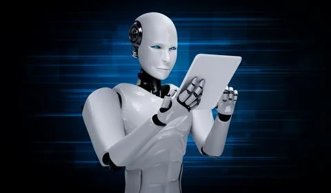 Robot humanoid using tablet computer in future office Stock Illustration
