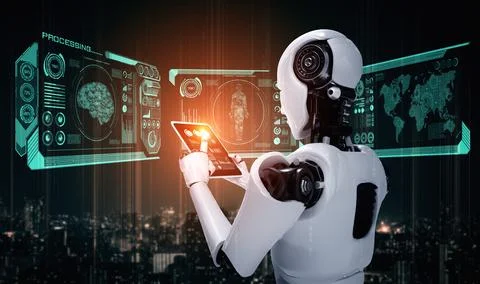 Robot humanoid using tablet computer in concept of AI thinking brain Stock Illustration