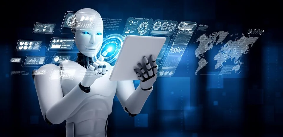 Robot humanoid using tablet computer for big data analytic Illustrazione stock