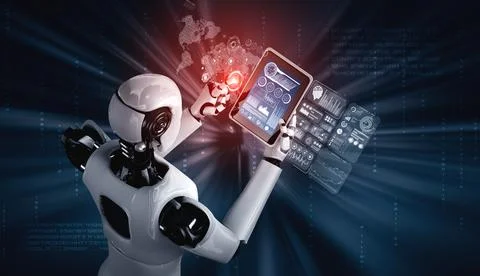 Robot humanoid using tablet computer for big data analytic Stockillustratie