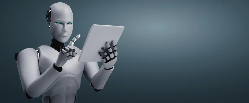 Robot humanoid using tablet computer in future office Stock Illustration