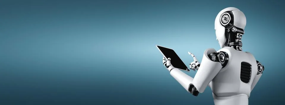 Robot humanoid using tablet computer in future office Stock Illustration