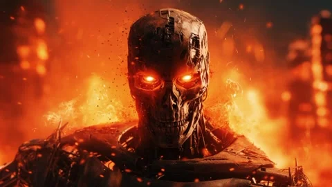 Robot humanoid  at war, fire and flames, suffering and destruction. looping Stock Footage 252585504