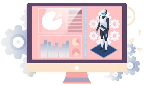 Robot humanoid works with digital interface using computer, examines and Stock Illustration