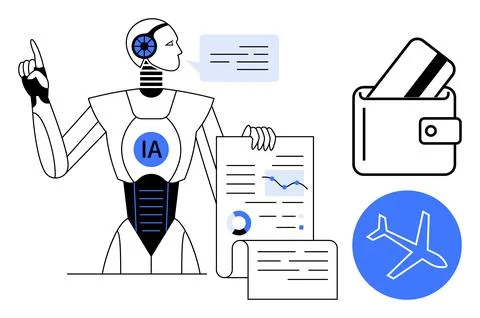 Robot with IA label presenting charts and data insights, wallet with card, an 스톡 일러스트
