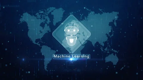 Robot icon and machine learning concept on digital world map background, Stock Footage 330983571