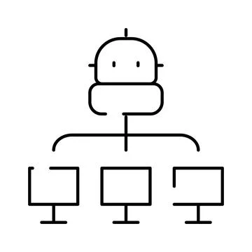 Robot icon connecting to multiple computer monitors Stock Illustration
