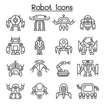 Robot icon set in thin line style Stock Illustration