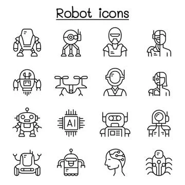 Robot icon set in thin line style Illustrazione stock