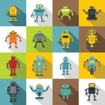 Robot icons set, flat style Stock Illustration