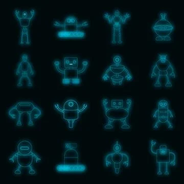 Robot icons set vector neon Stock Illustration