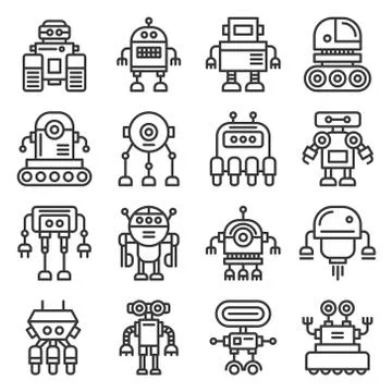 Robot Icons Set on White Background. Line Style Vector Stock Illustration