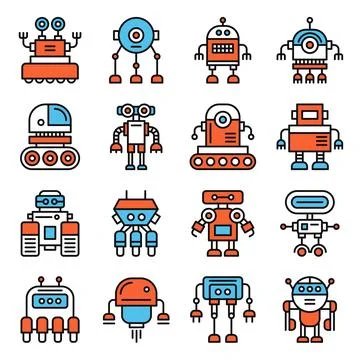 Robot Icons Set on White Background. Line Style Vector Stock Illustration