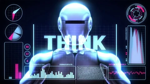 Robot includes a futuristic user interface with the word think Stock Footage 78678179
