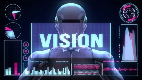 Robot includes a futuristic user interface with the word vision Stock Footage 78678197