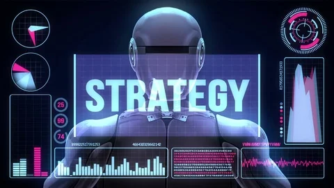 Robot includes a futuristic user interface with the word strategy Stock Footage 78678212