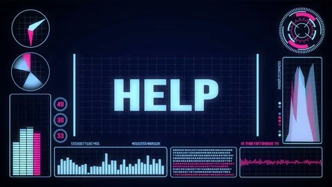 Robot includes a futuristic user interface with the word help Video stock 78785706
