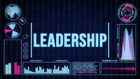Robot includes a futuristic user interface with the word leadership Video stock 79069240