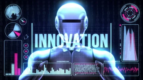 Robot includes a futuristic user interface with the word innovation Stock Footage 79069245