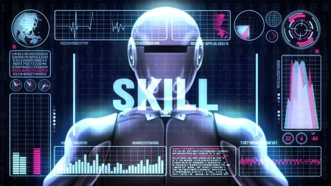 Robot includes a futuristic user interface with the word skill Video stock 79920856