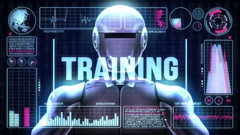 Robot includes a futuristic user interface with the word training Stock Footage 79920866