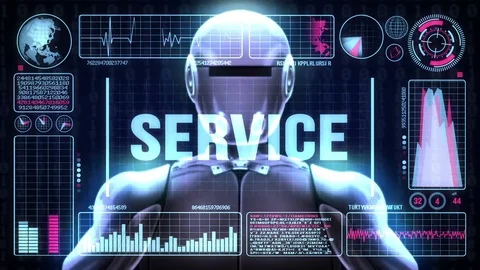 Robot includes a futuristic user interface with the word service Video stock 79920869
